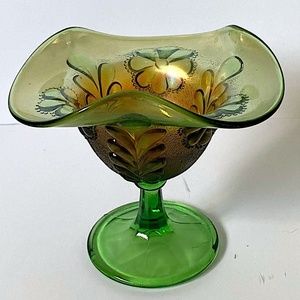 Northwood Carnival Glass Pedestaled Candy Dish Green and Gold Antique